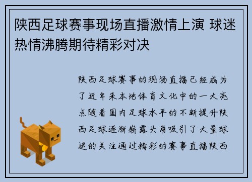 陕西足球赛事现场直播激情上演 球迷热情沸腾期待精彩对决